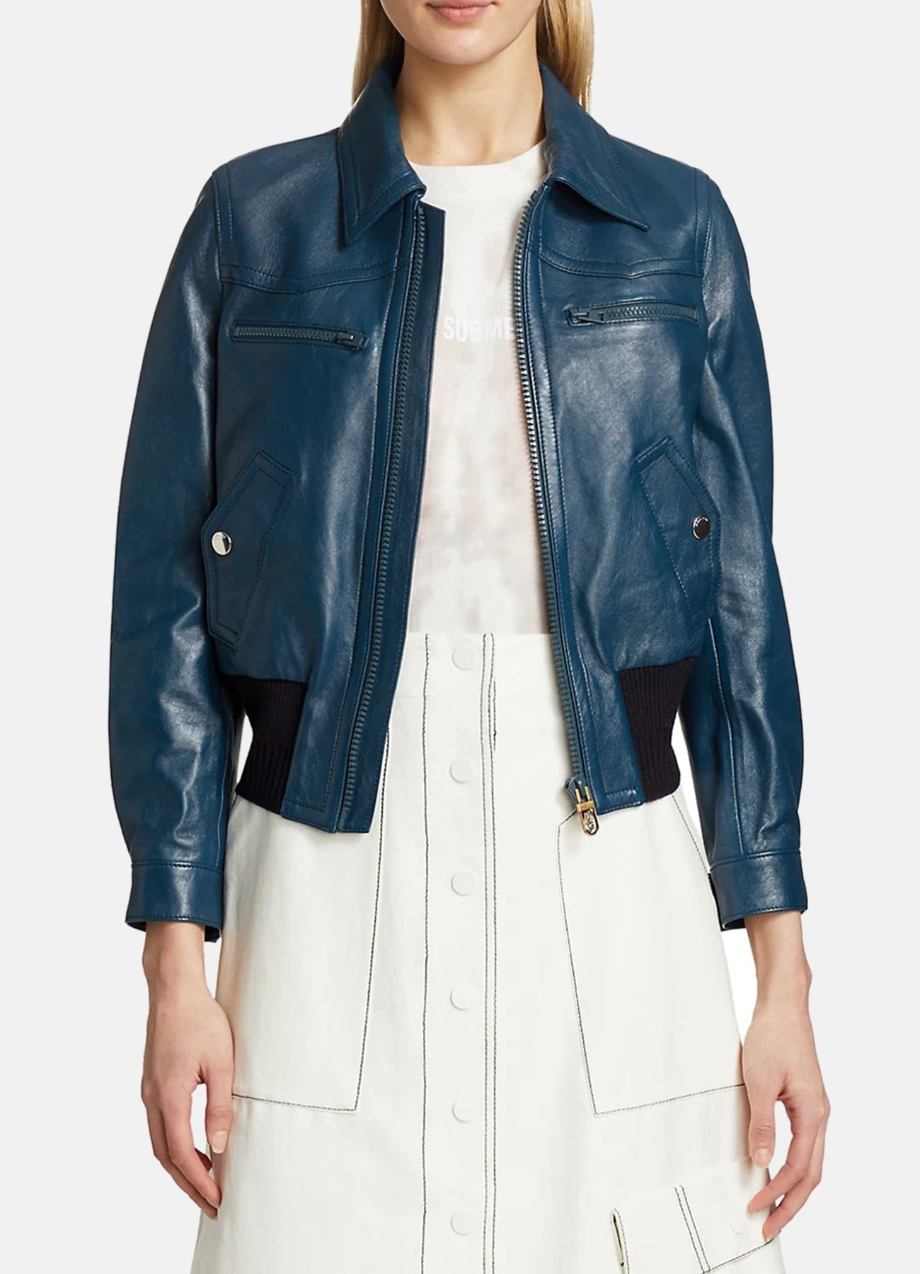 Women's Yale Blue Leather Bomber Jacket