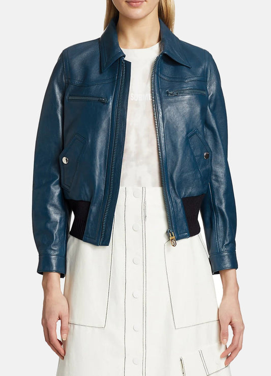 Women's Yale Blue Leather Bomber Jacket