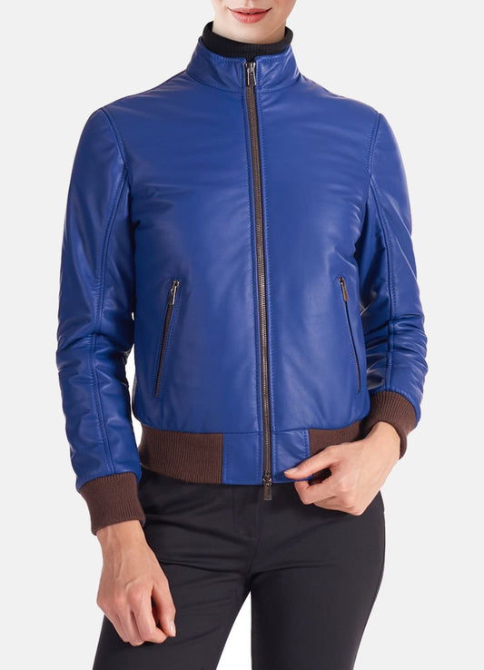 Women's Classic Blue Leather Bomber Jacket
