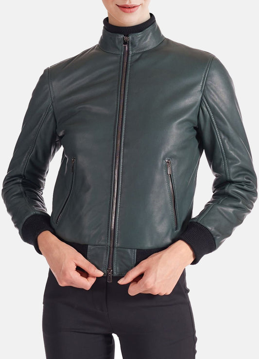 Women's Slimfit Green Leather Bomber Jacket