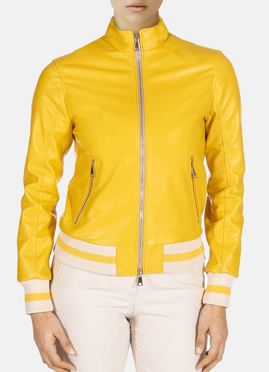 Women's Bright Yellow Bomber Leather Jacket