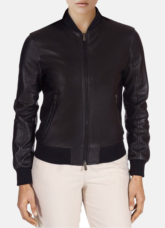 Women's Matt Black Bomber Leather Jacket