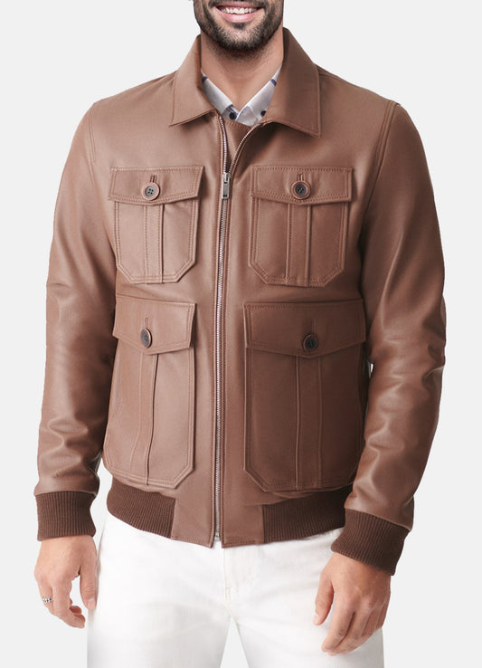 Men's Tan Four Pocket Style Leather Jacket