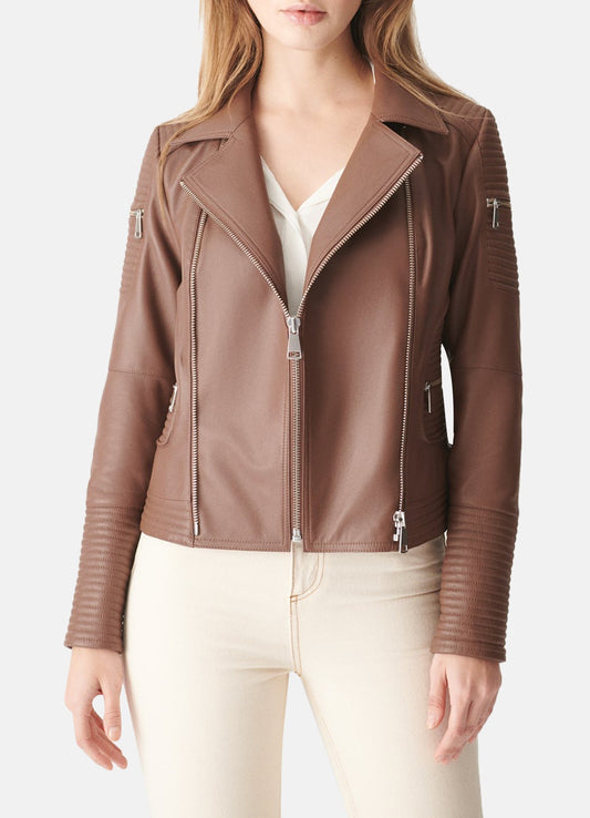 Women's Tan Brown Biker Leather Jacket