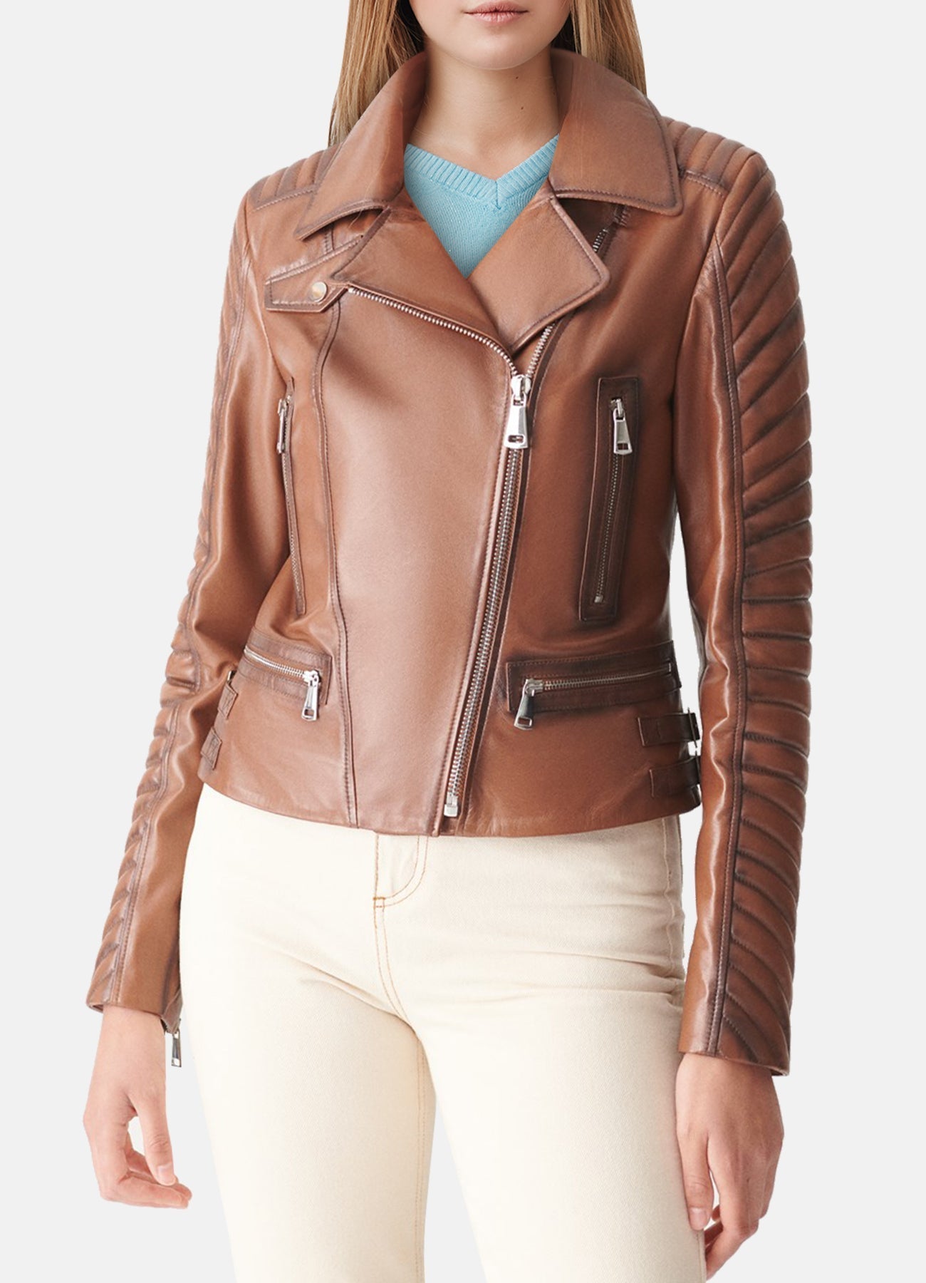 Women's Padded Brown Biker Leather Jacket