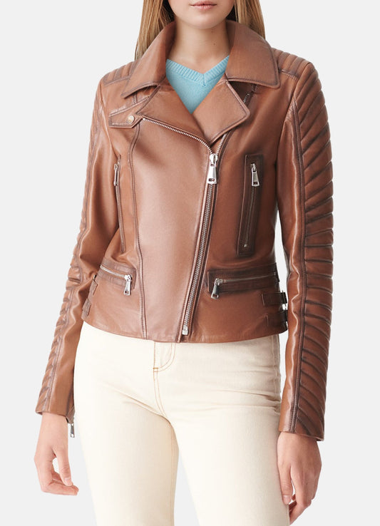 Women's Padded Brown Biker Leather Jacket