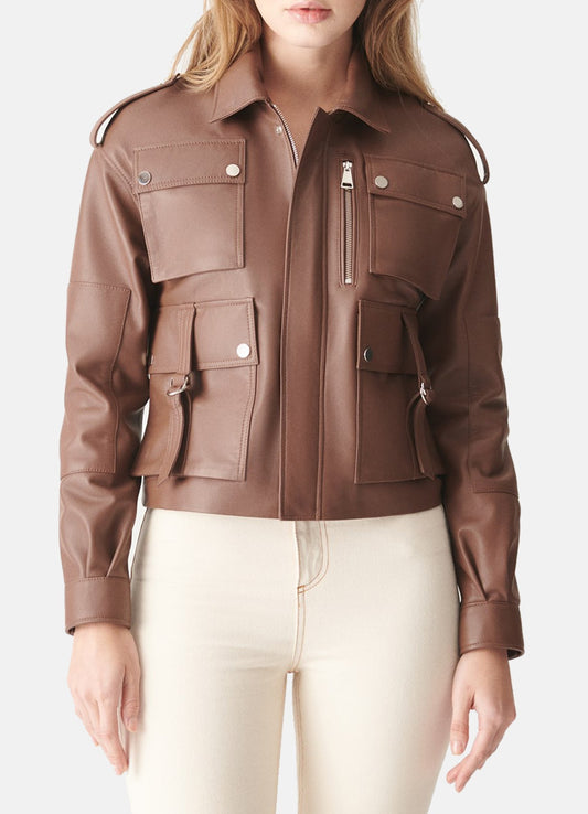 Women's Tan Sport Biker Leather Jacket