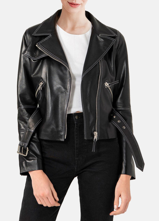 Women's White Stitched Black Biker Leather Jacket