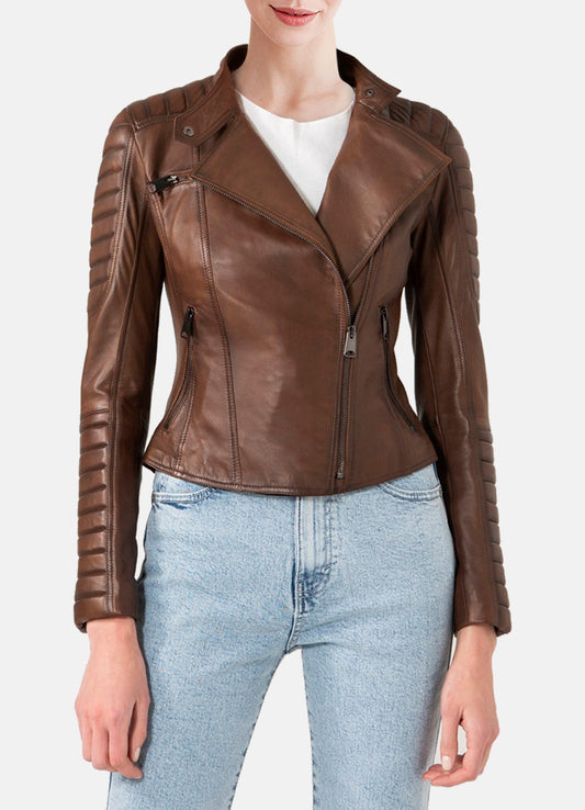 Women's Quilted Brown Biker Leather Jacket