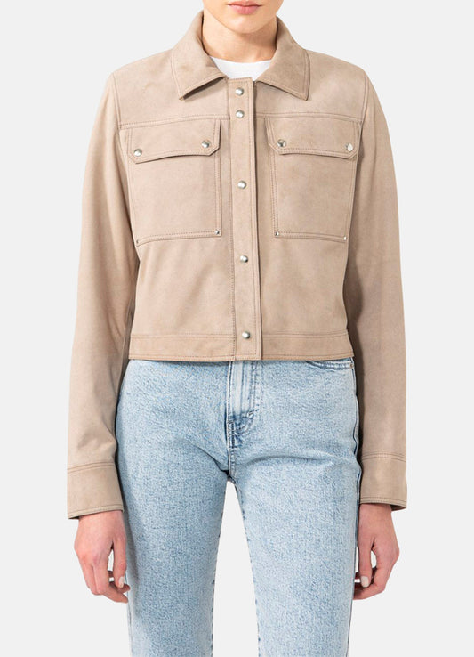 Women's Beige Denim Style Suede Leather Jacket