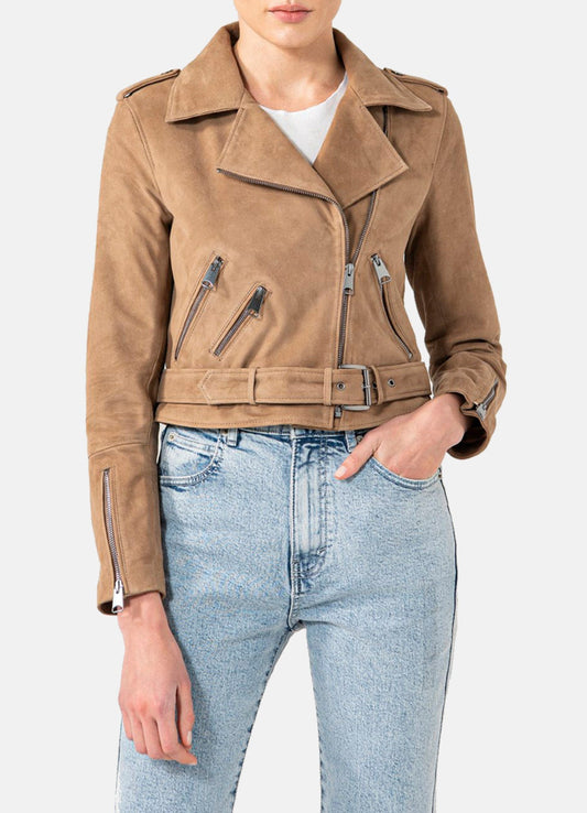 Women's Camel Suede Biker Leather Jacket