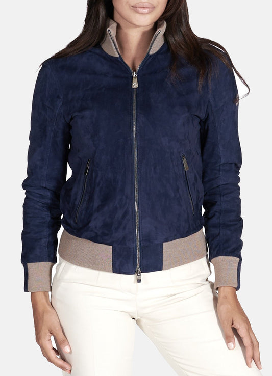 Women's Blue Slimfit Suede Leather Jacket