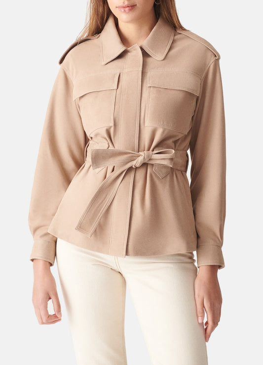 Women's Beige Long Length Suede Leather Jacket