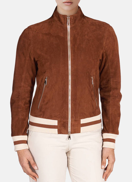 Women's Brown Bomber Suede Leather Jacket