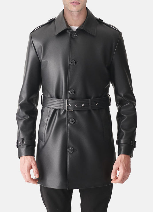 Men's Black Mid-Length Leather Coat