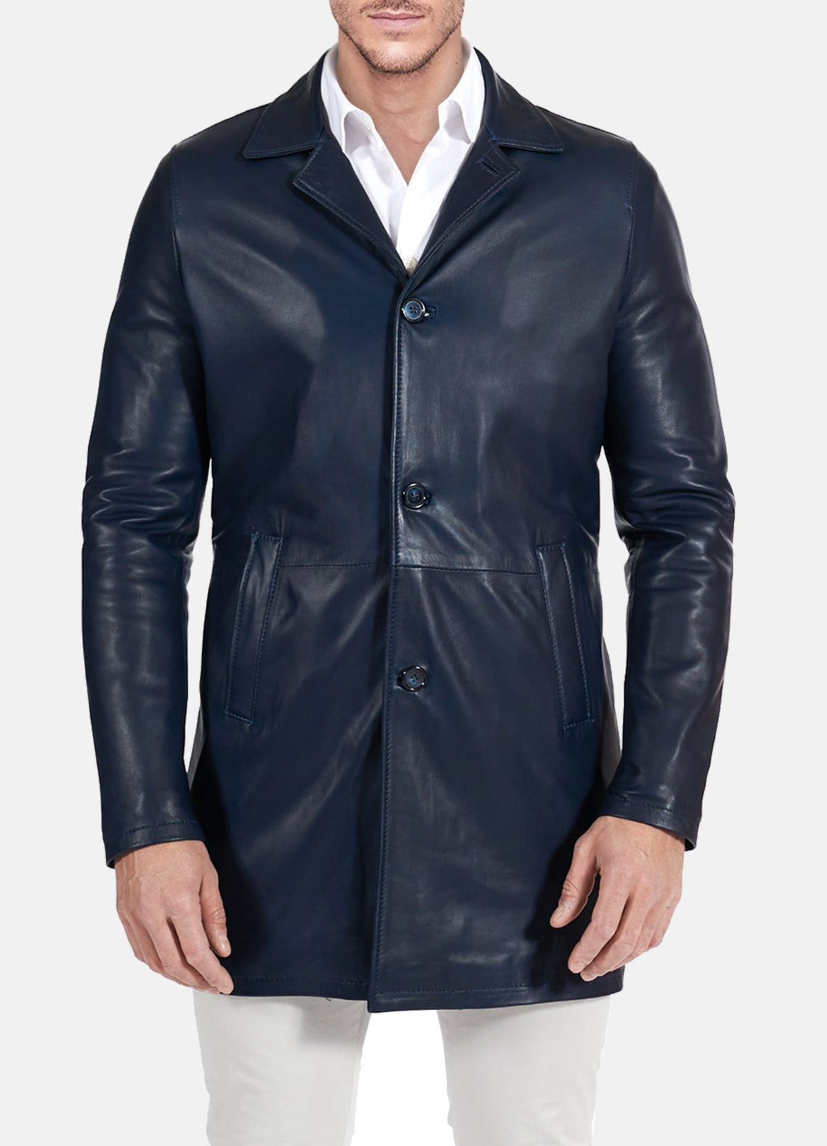Men's Casual Blue Mid-Length Leather Coat