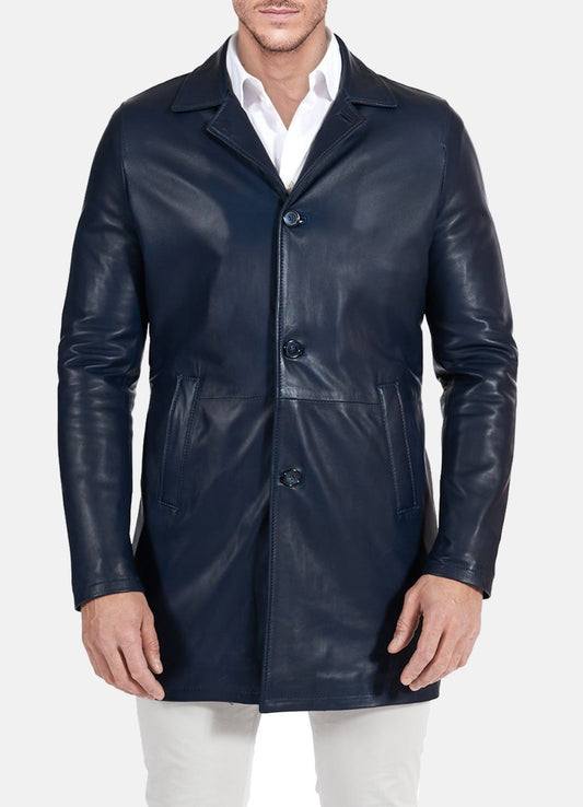 Men's Casual Blue Mid-Length Leather Coat