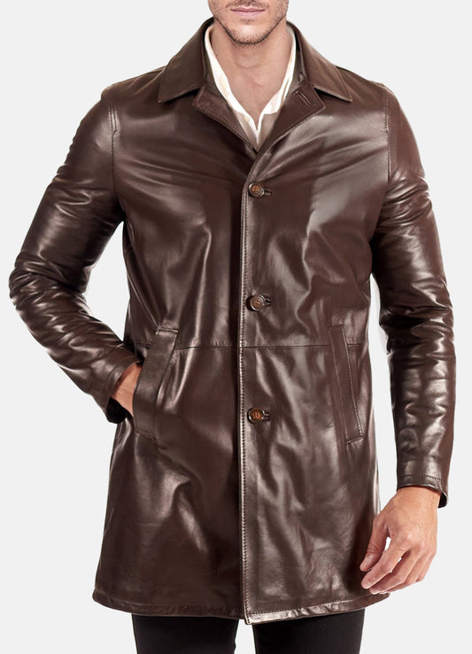 Men's Classic Brown Mid-Length Leather Coat