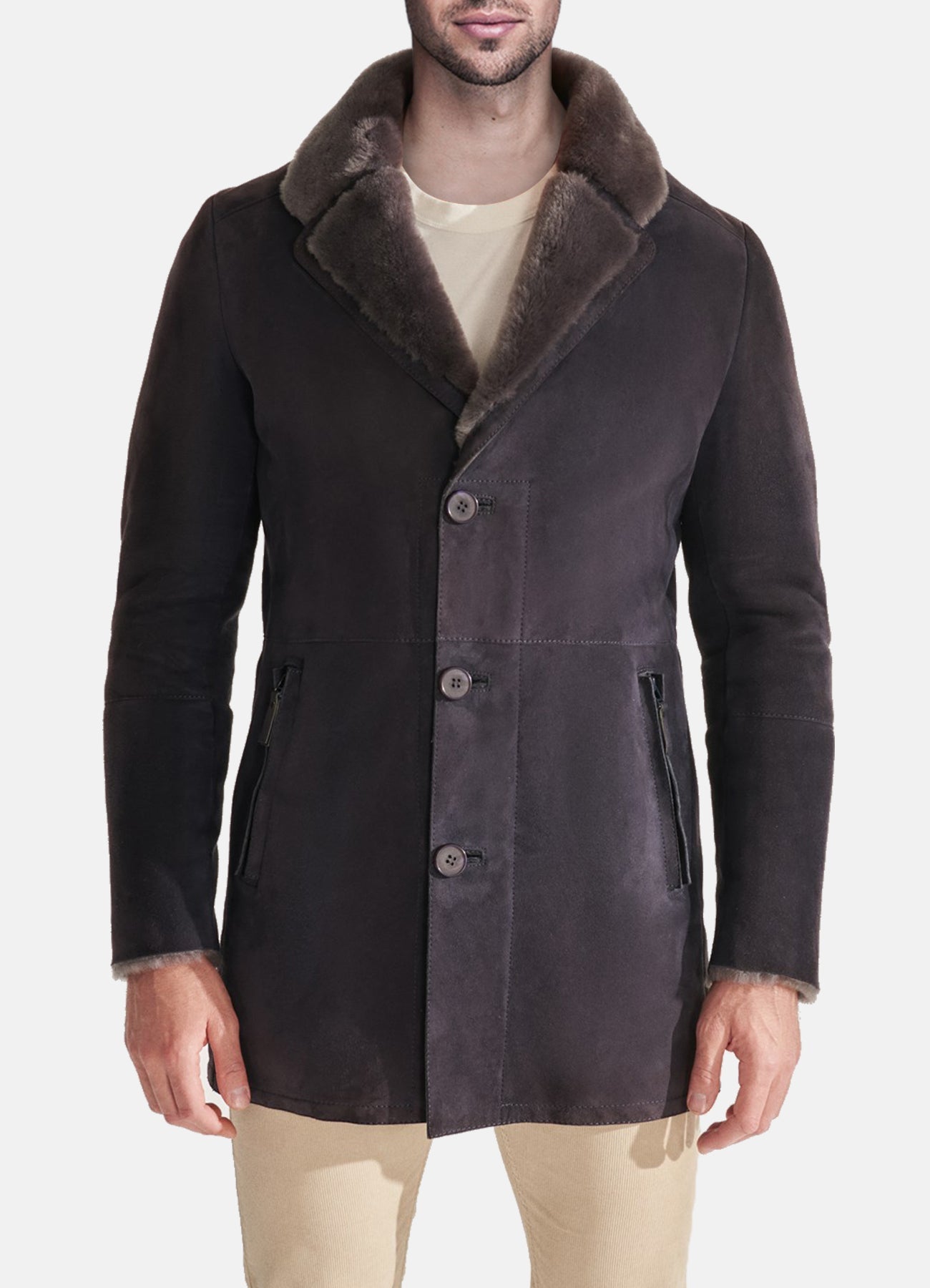 Men's Navy Blue Shearling Leather Coat