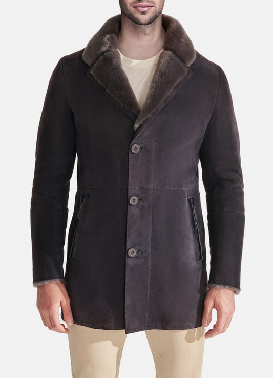 Men's Navy Blue Shearling Leather Coat