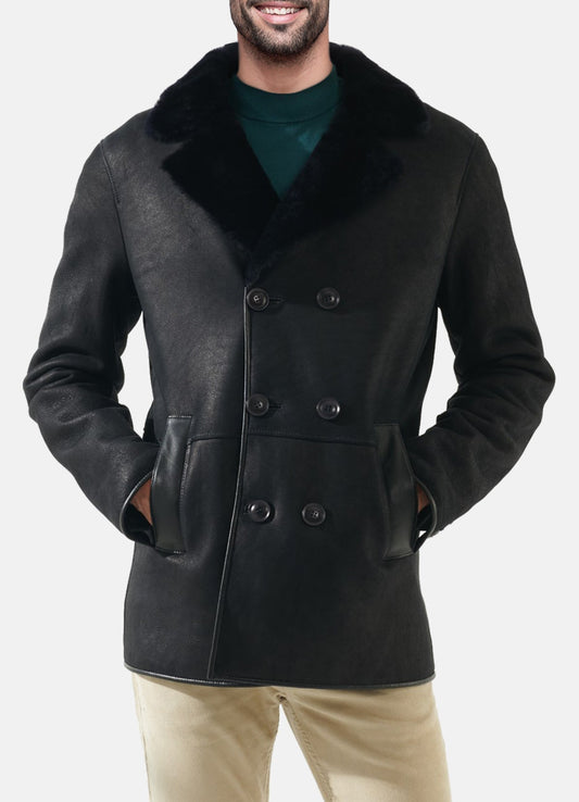 Men's Matt Black Shearling Leather Coat