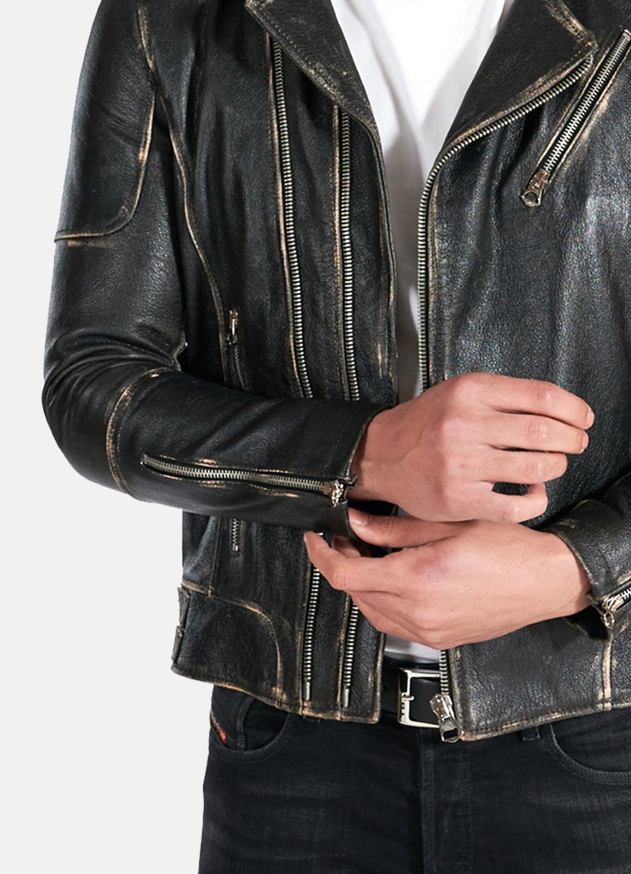 Men's Distressed Black Biker Leather Jacket