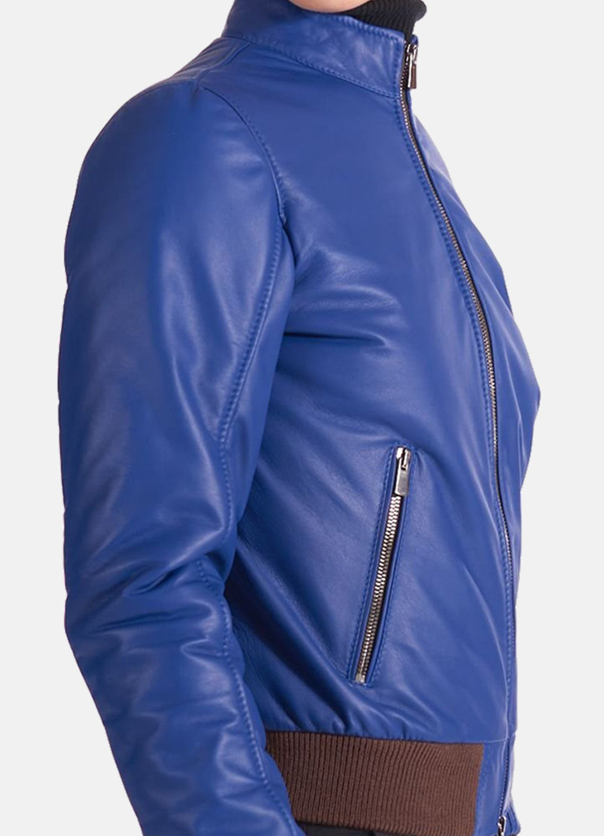 Women's Classic Blue Leather Bomber Jacket