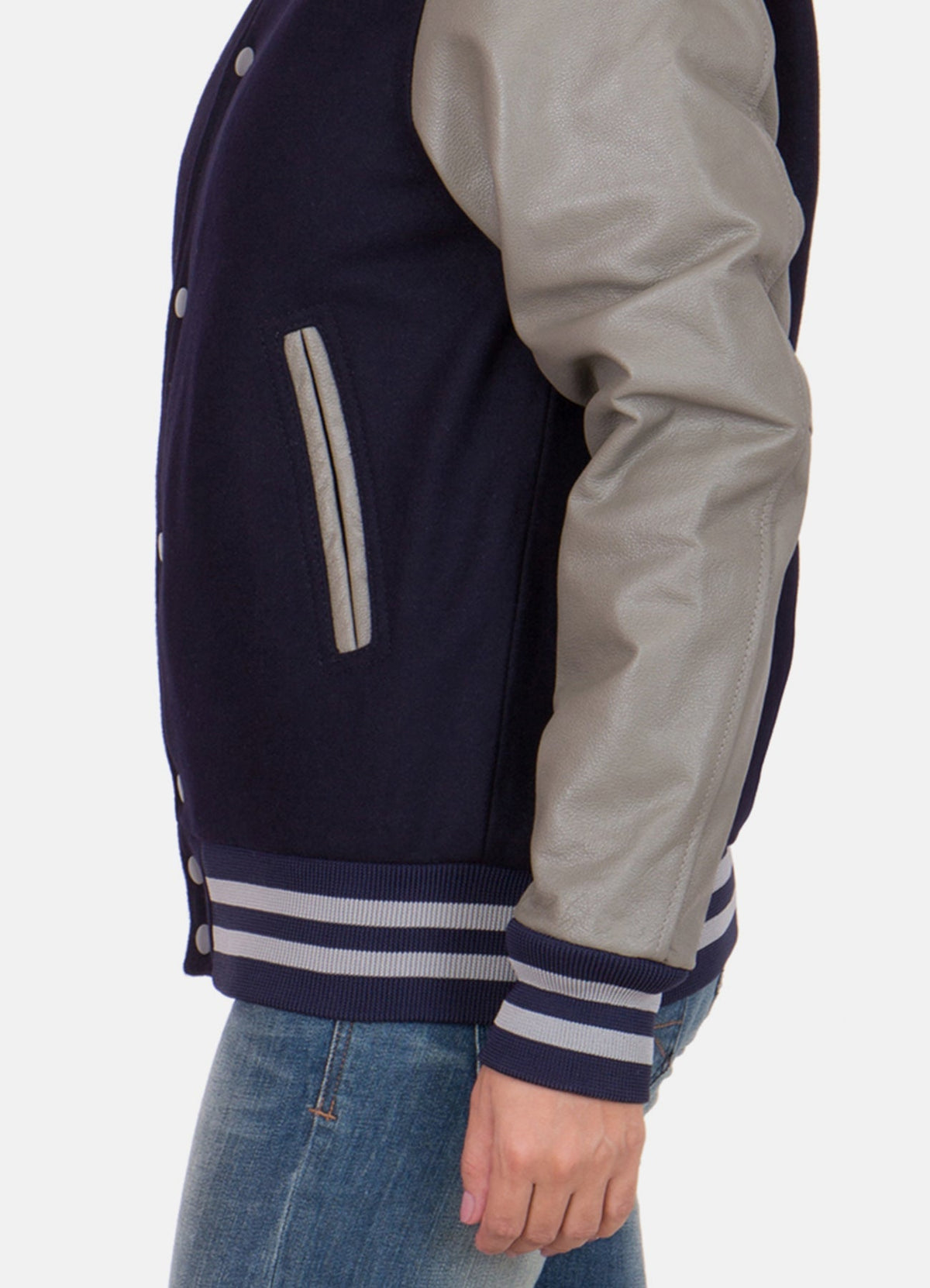 Women's Dark Blue and Grey Varsity Jacket