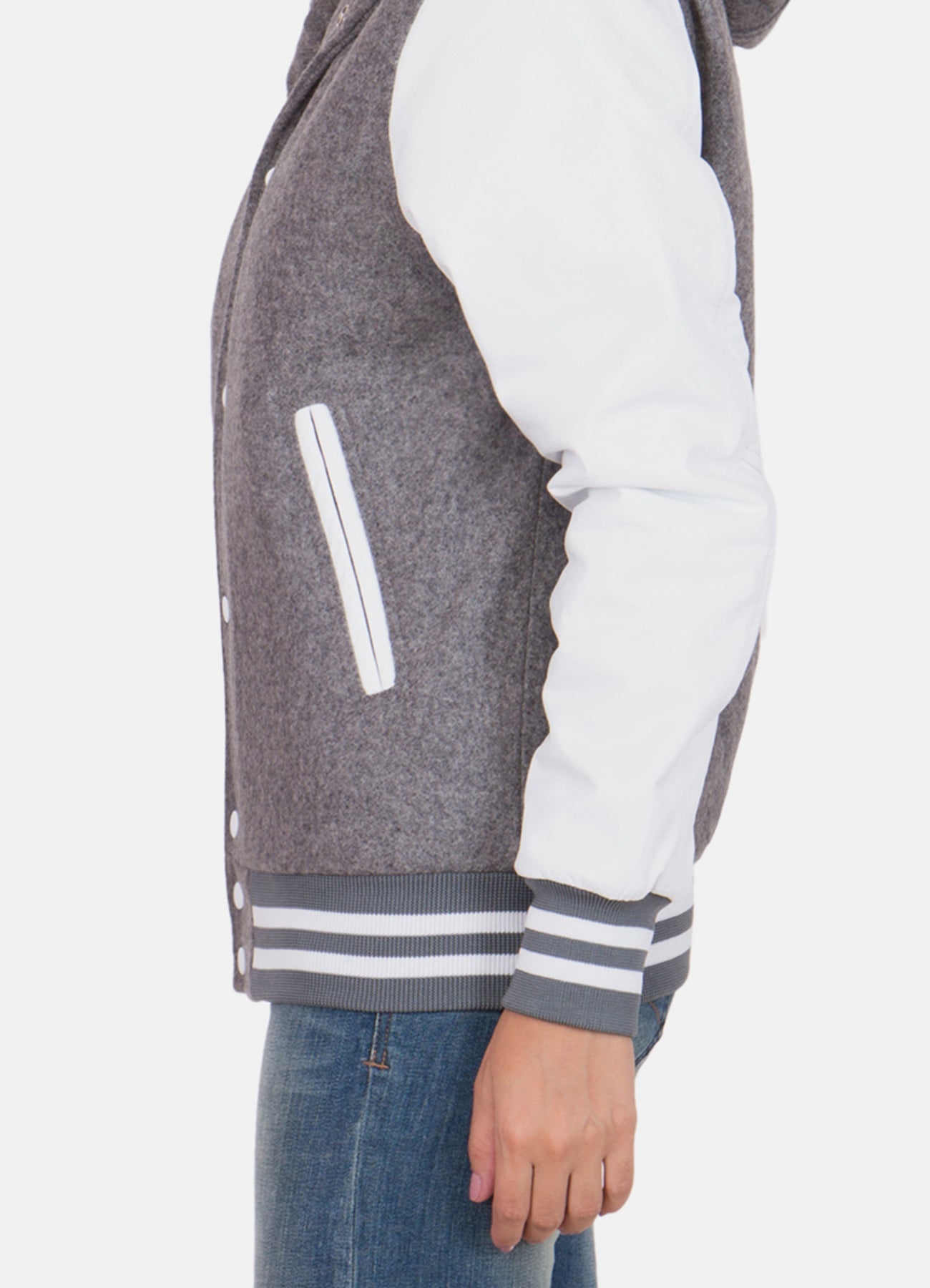 Women's Grey and White Hooded Varsity Jacket