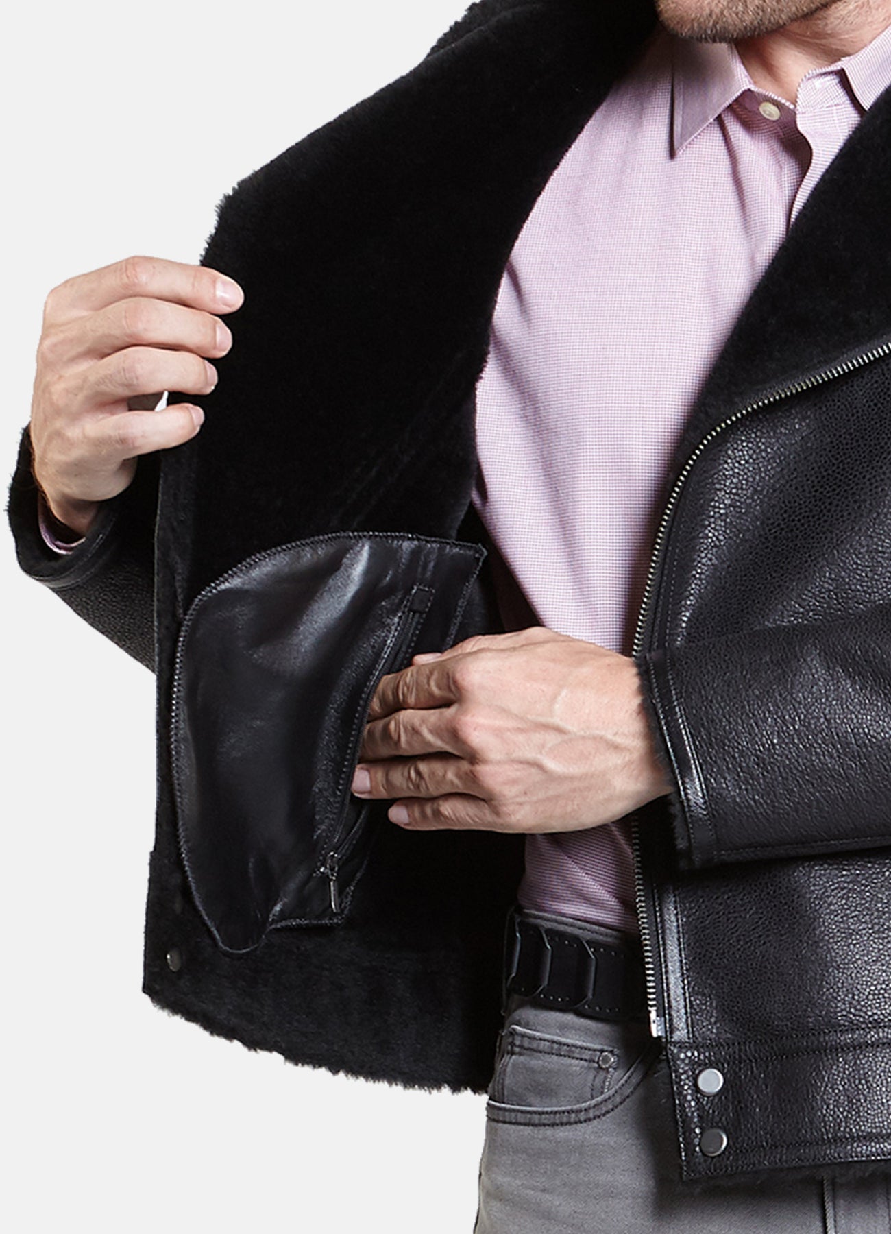 Men's Shiny Black Shearling Leather Jacket