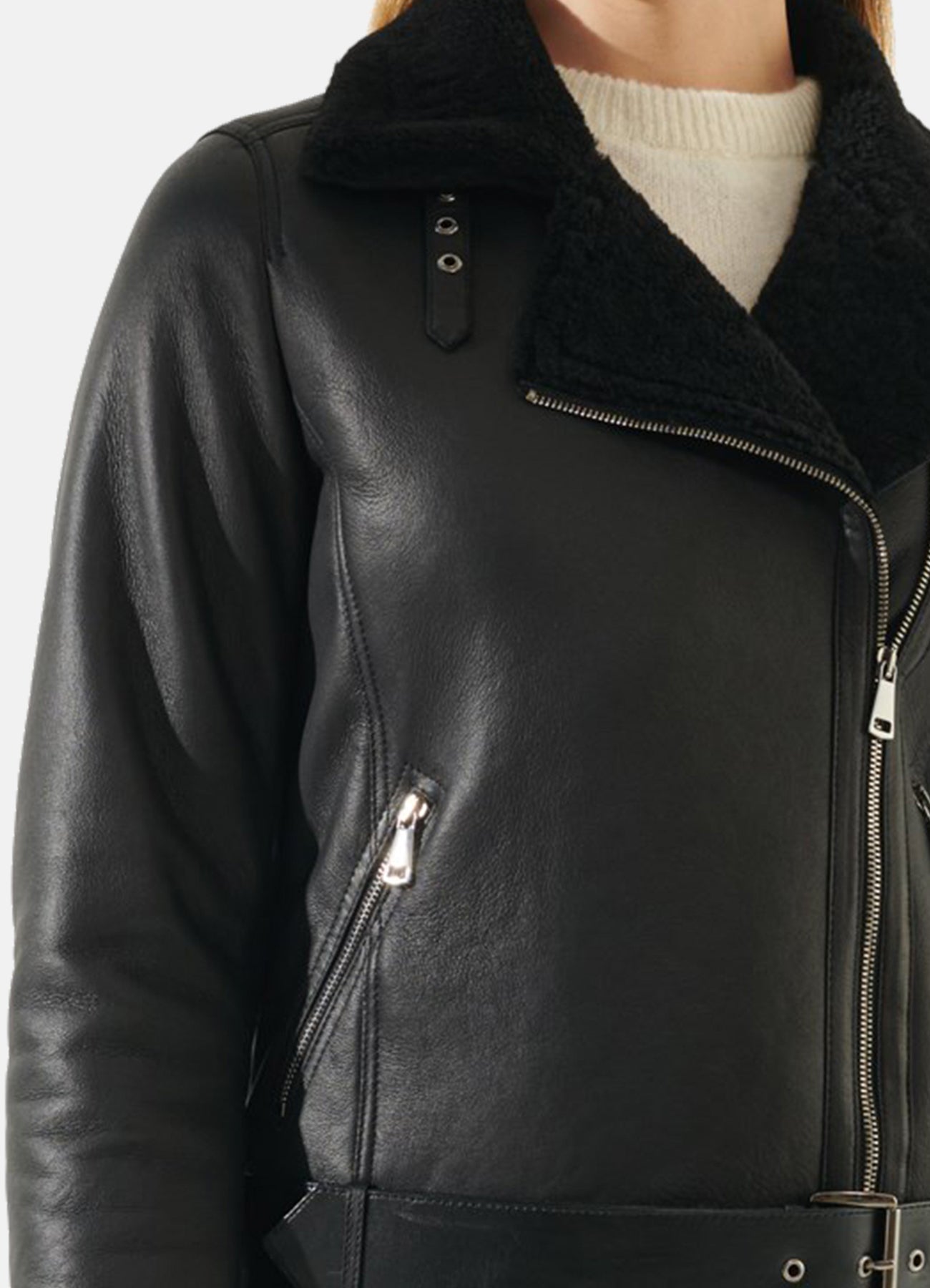 Women's Casual Black Shearling Leather Jacket