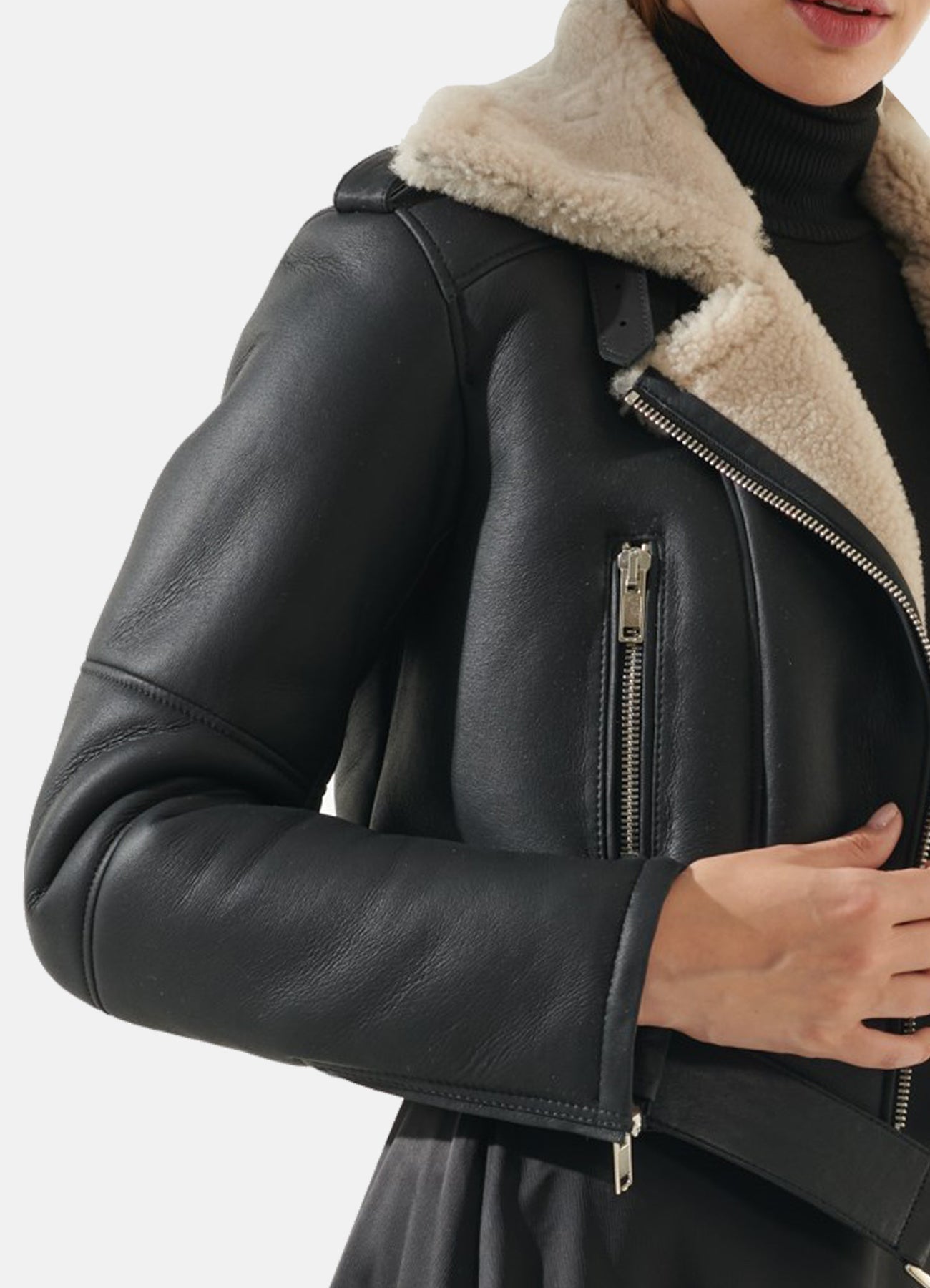 Women's Black Short Length Shearling Leather Jacket