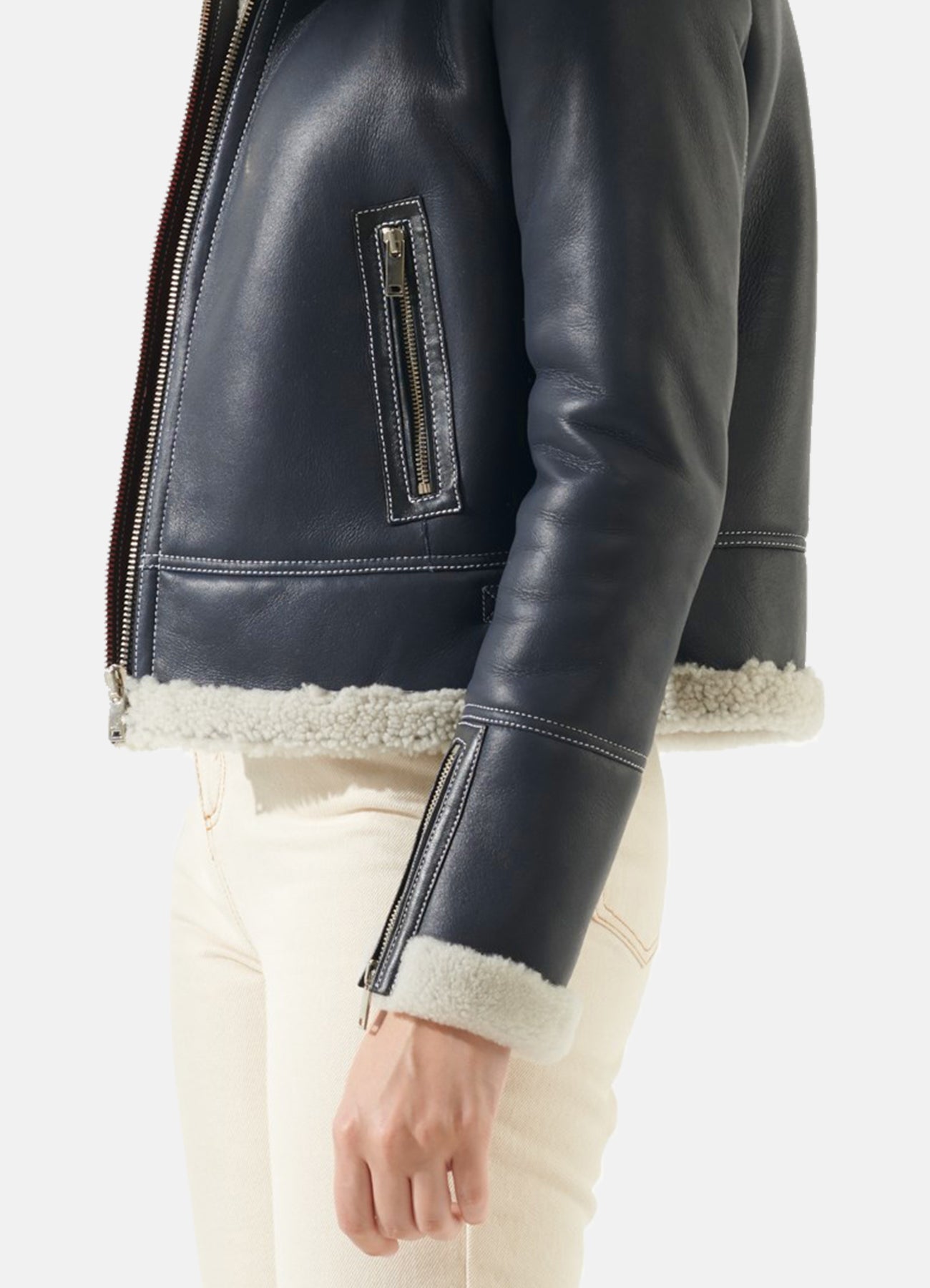 Women's Navy Blue Shearling Leather Jacket