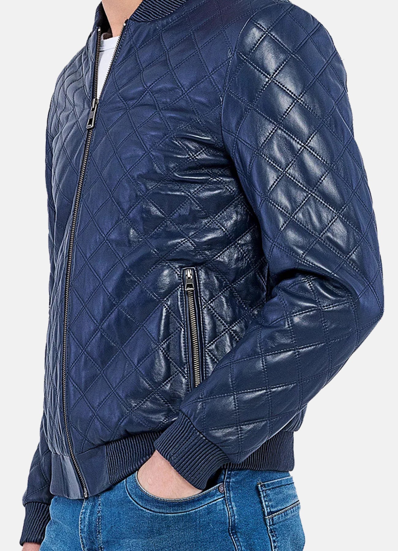 Men's Blue Quilted Leather Bomber Jacket