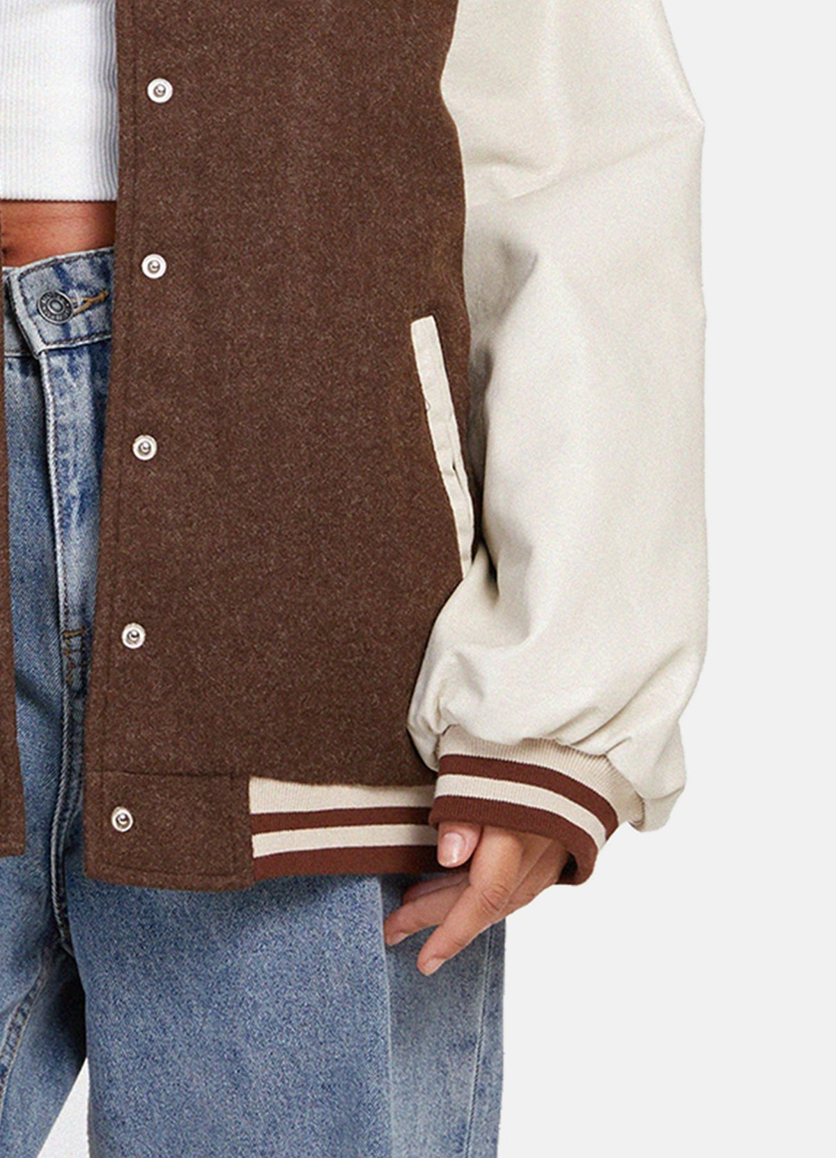 Women's Brown and White Oversized Varsity Jacket