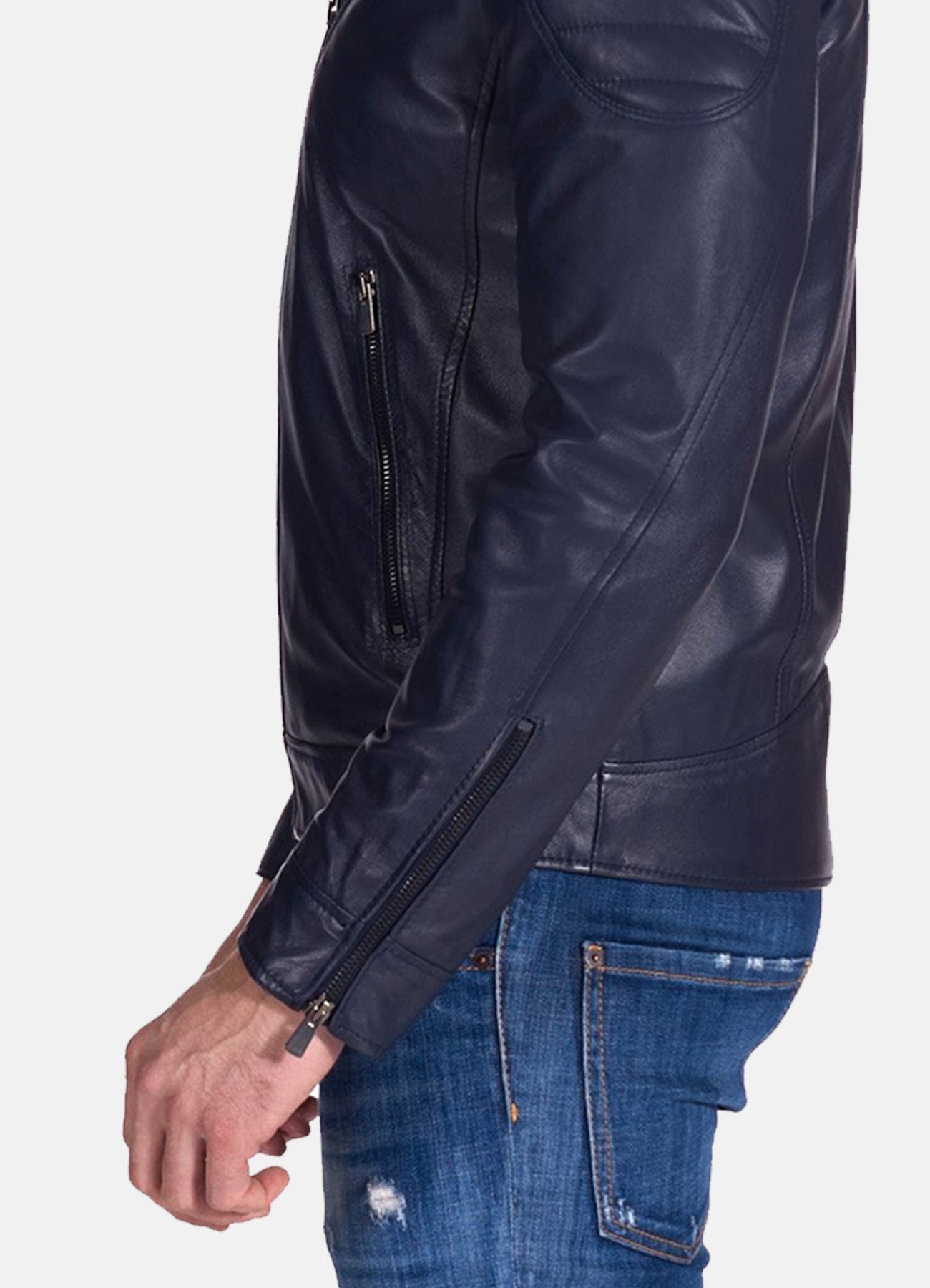 Men's Padded Shoulder Blue Biker Leather Jacket