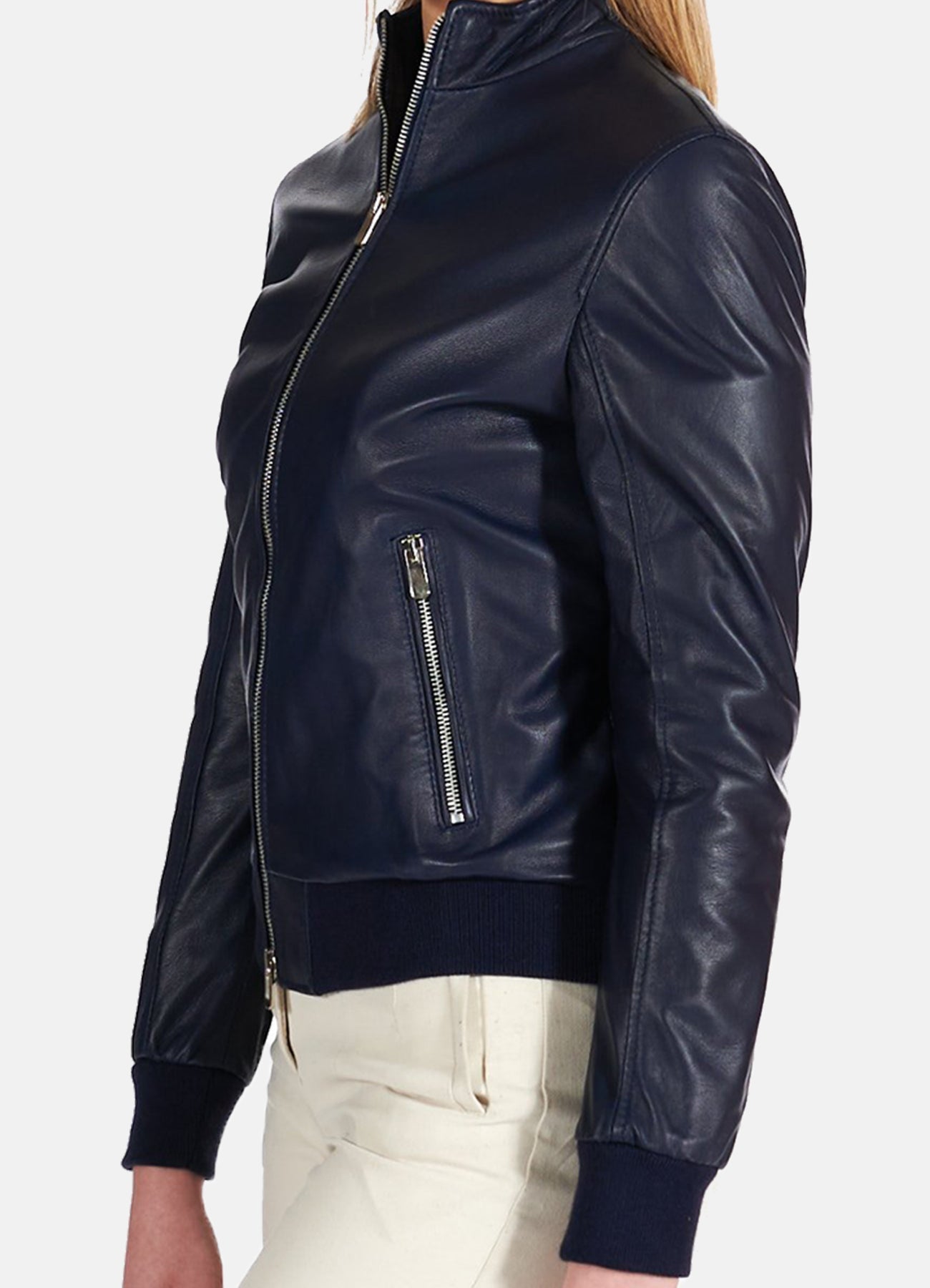 Women's Navy Blue Bomber Leather Jacket