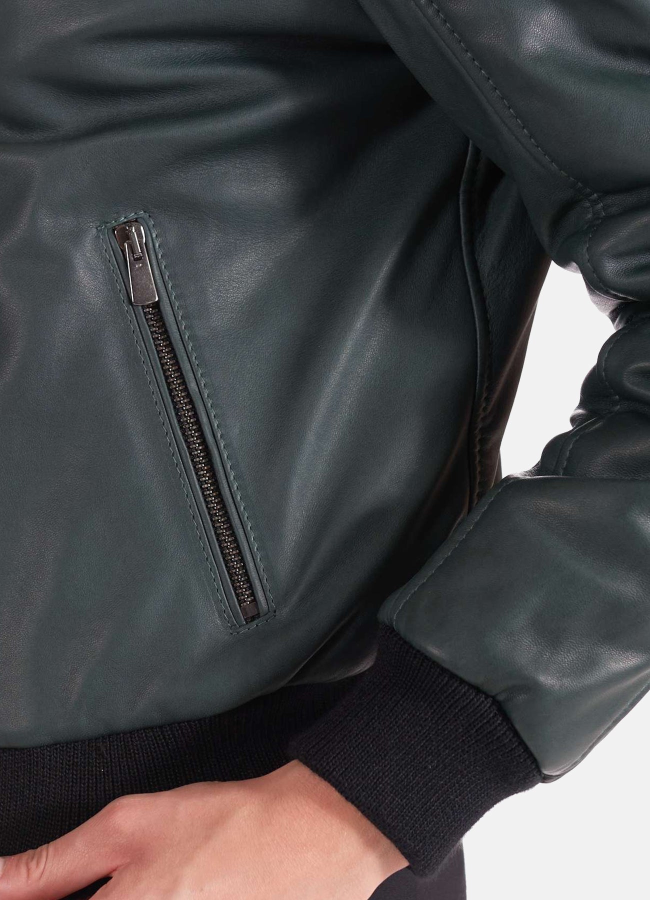 Women's Slimfit Green Leather Bomber Jacket