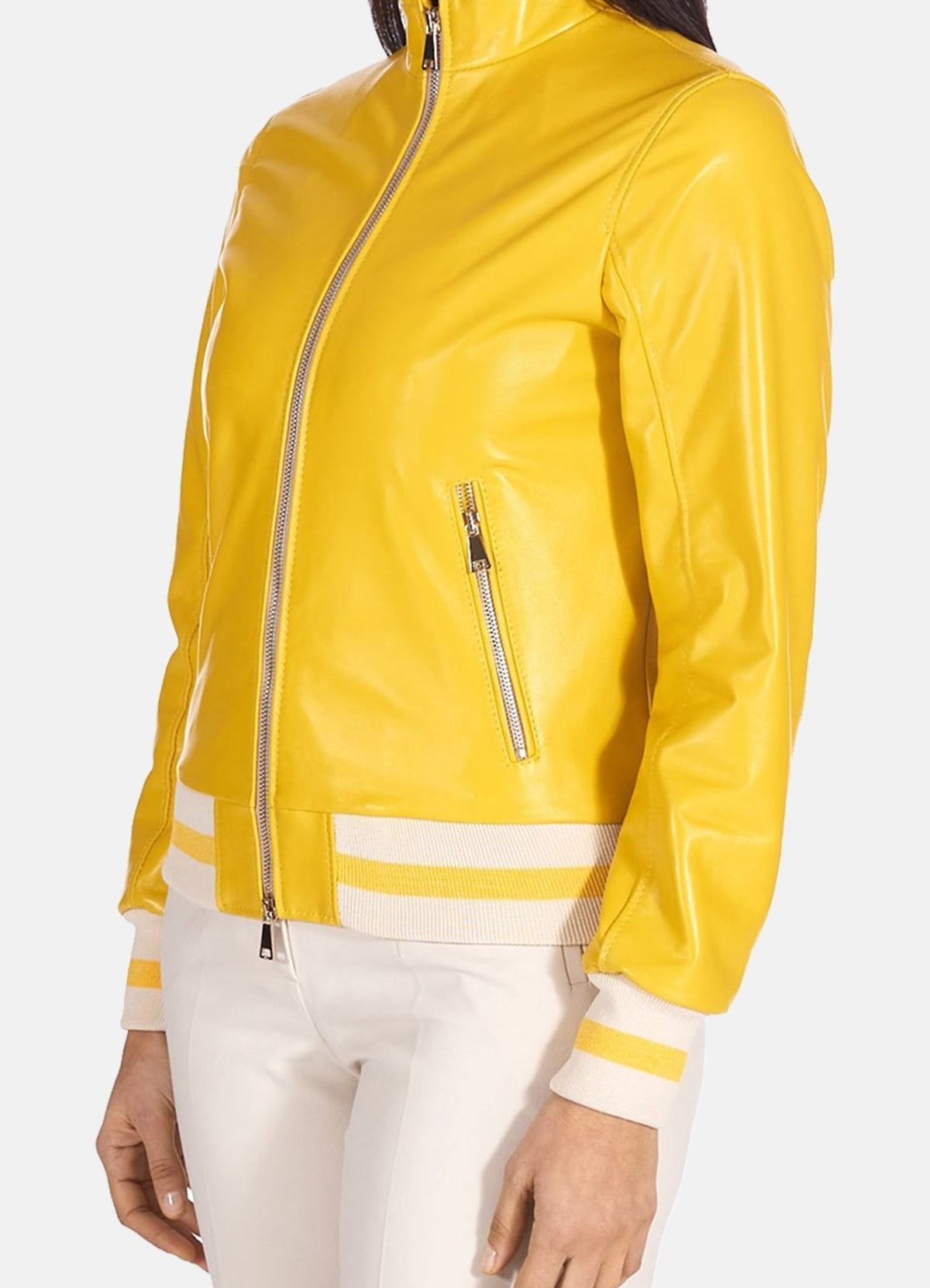 Women's Bright Yellow Bomber Leather Jacket