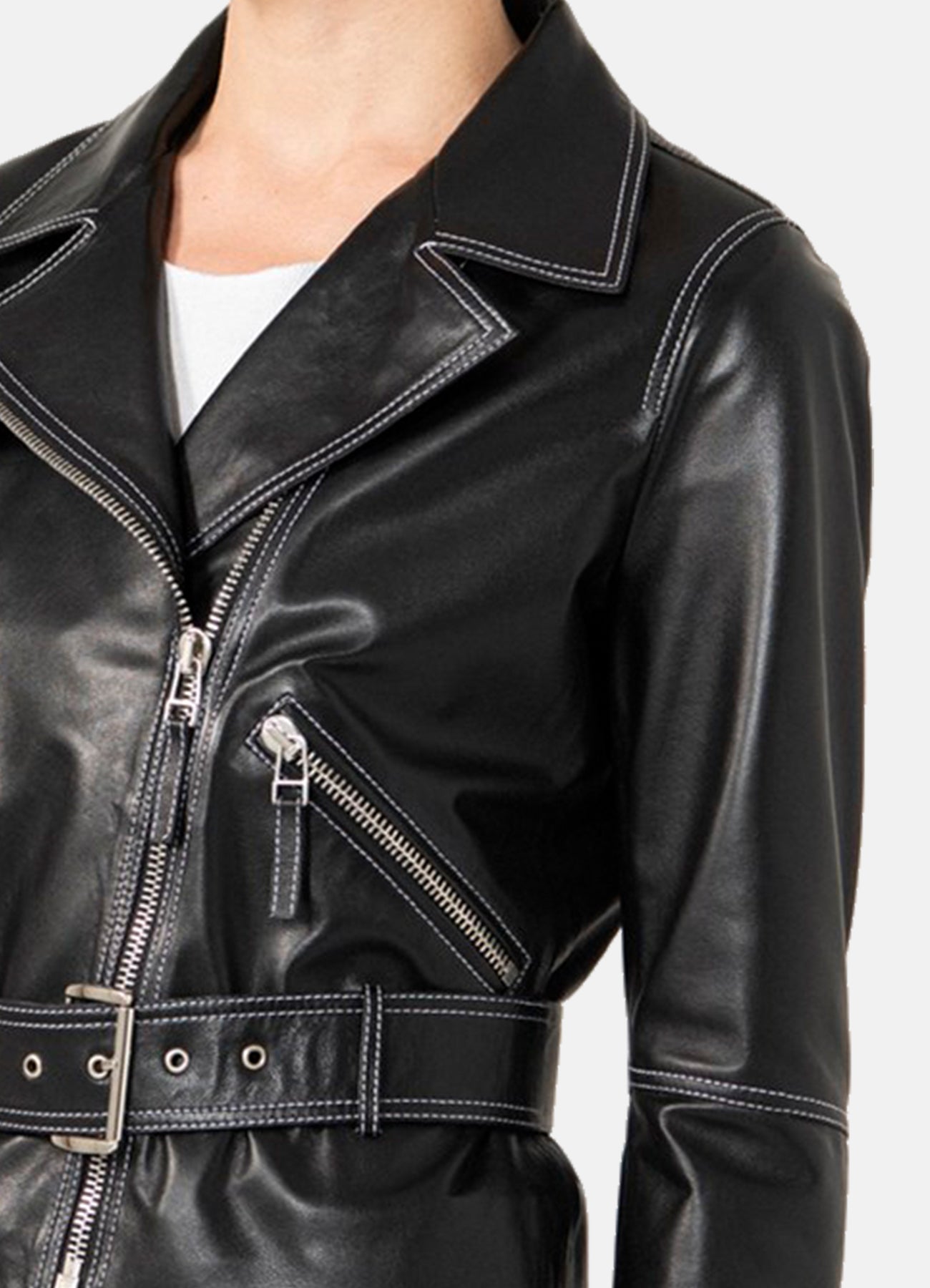 Women's White Stitched Black Biker Leather Jacket