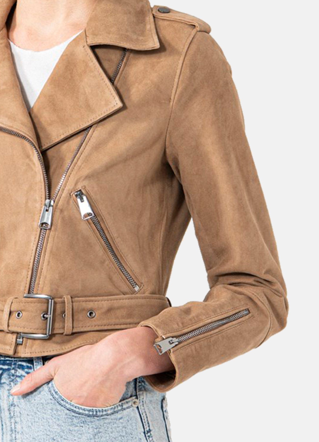 Women's Camel Suede Biker Leather Jacket