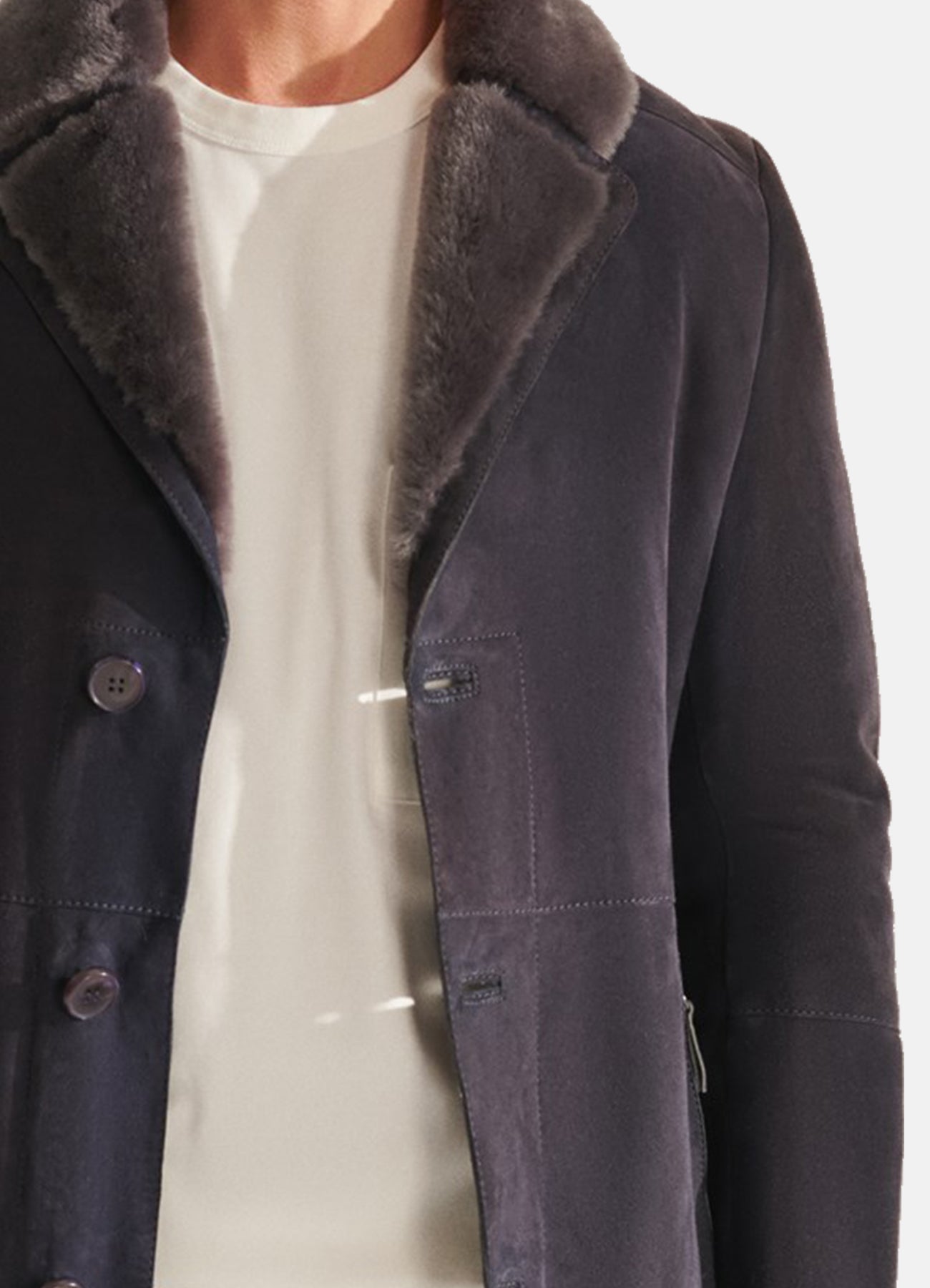Men's Navy Blue Shearling Leather Coat