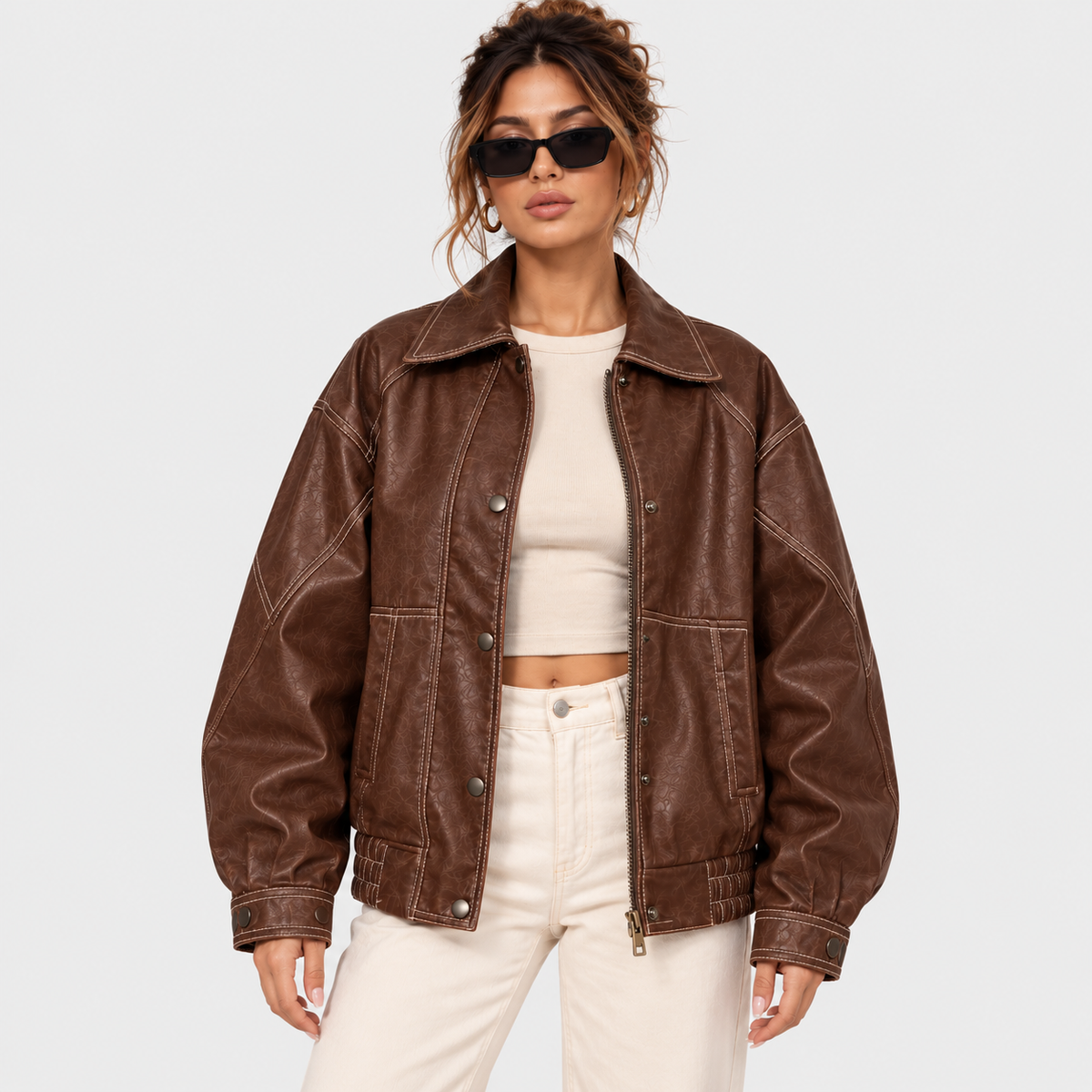 Women's Oversized Brown Faux Leather Jacket
