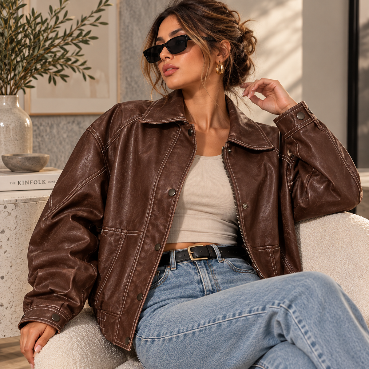 Women's Oversized Brown Faux Leather Jacket