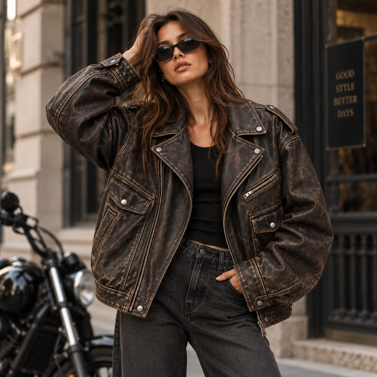 Women's Oversized Vintage Distressed Biker Leather Jacket