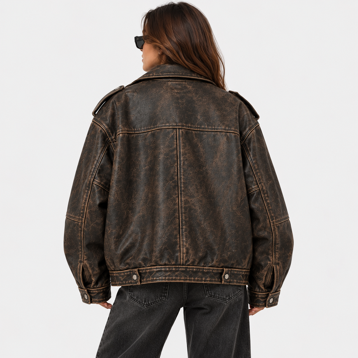 Women's Oversized Vintage Distressed Biker Leather Jacket