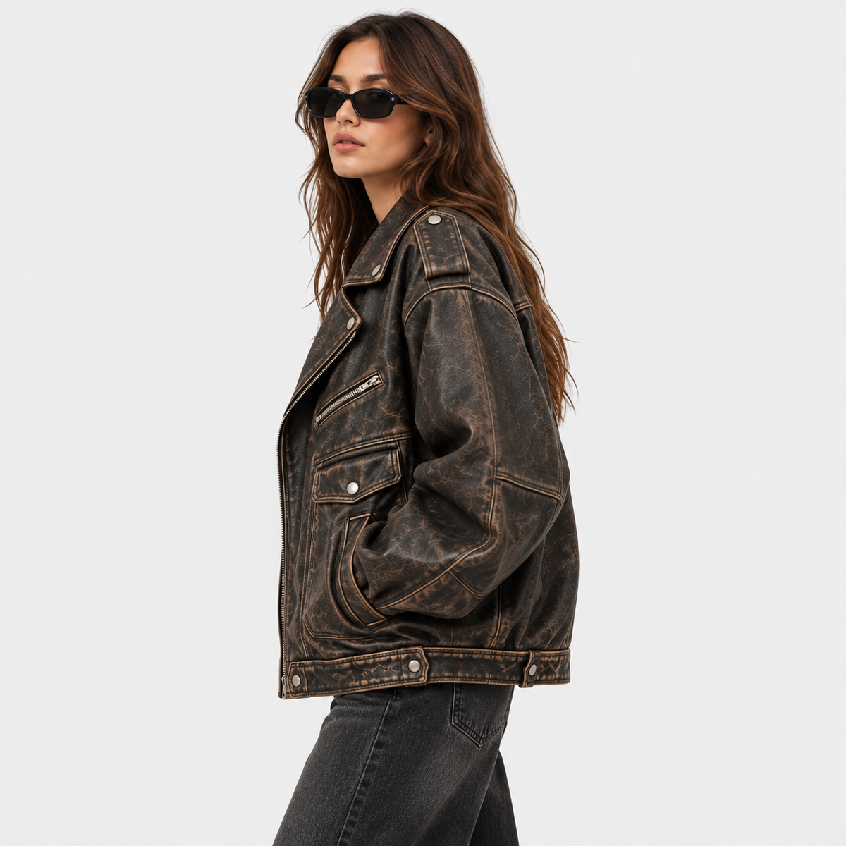 Women's Oversized Vintage Distressed Biker Leather Jacket