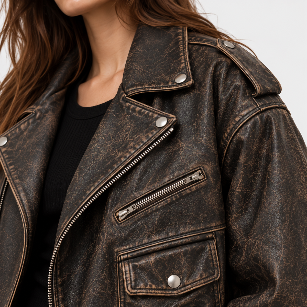 Women's Oversized Vintage Distressed Biker Leather Jacket