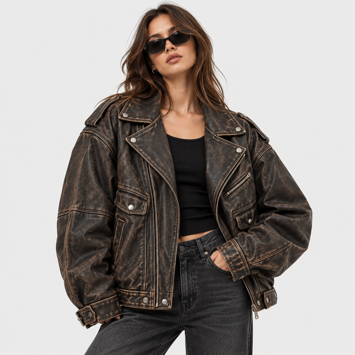Women's Oversized Vintage Distressed Biker Leather Jacket