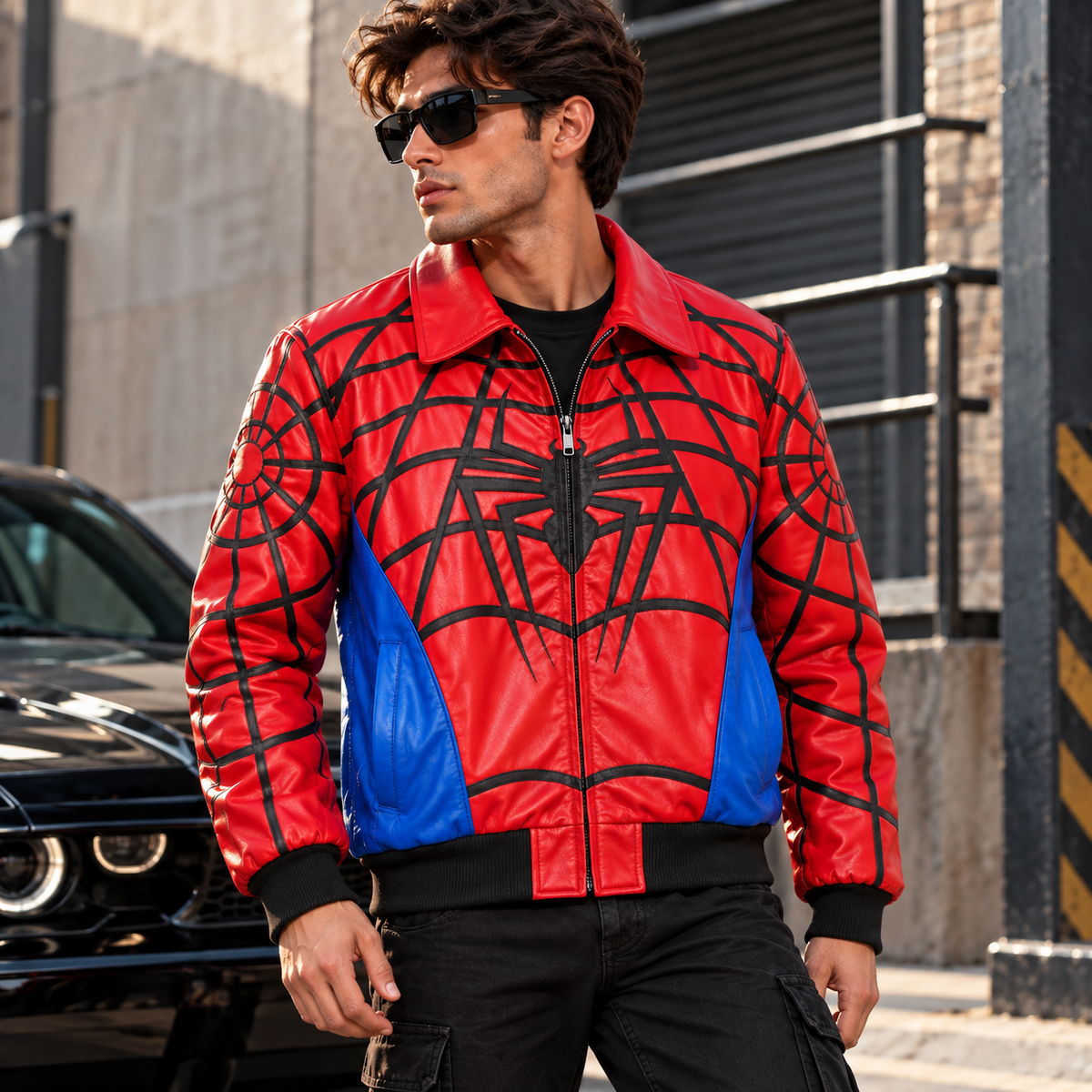 Spider-Man Inspired Red & Blue Web Men's Leather Jacket